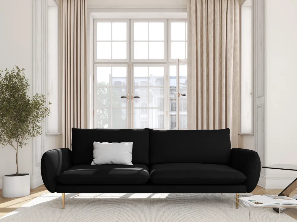 Sofa sametová 3-osobová VIENNA černá se zlatým podstavcem