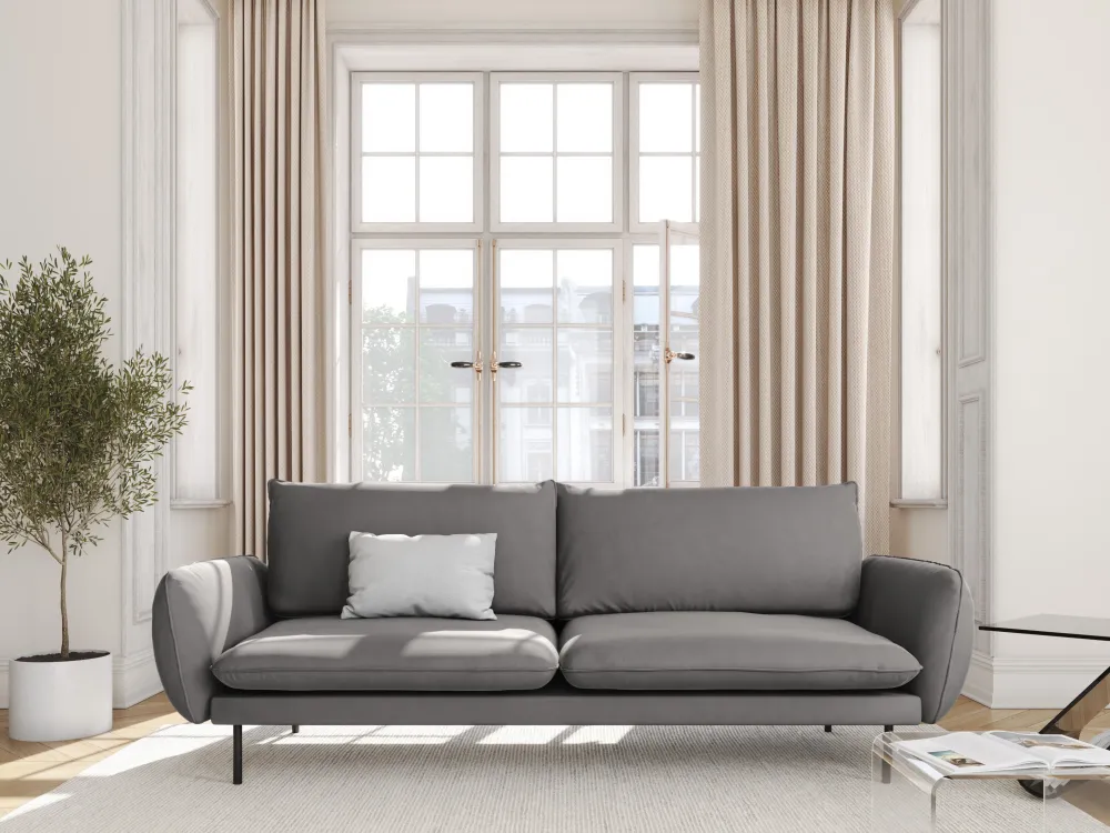 Sofa sametová 3-osobová VIENNA světle šedá s černým podstavcem