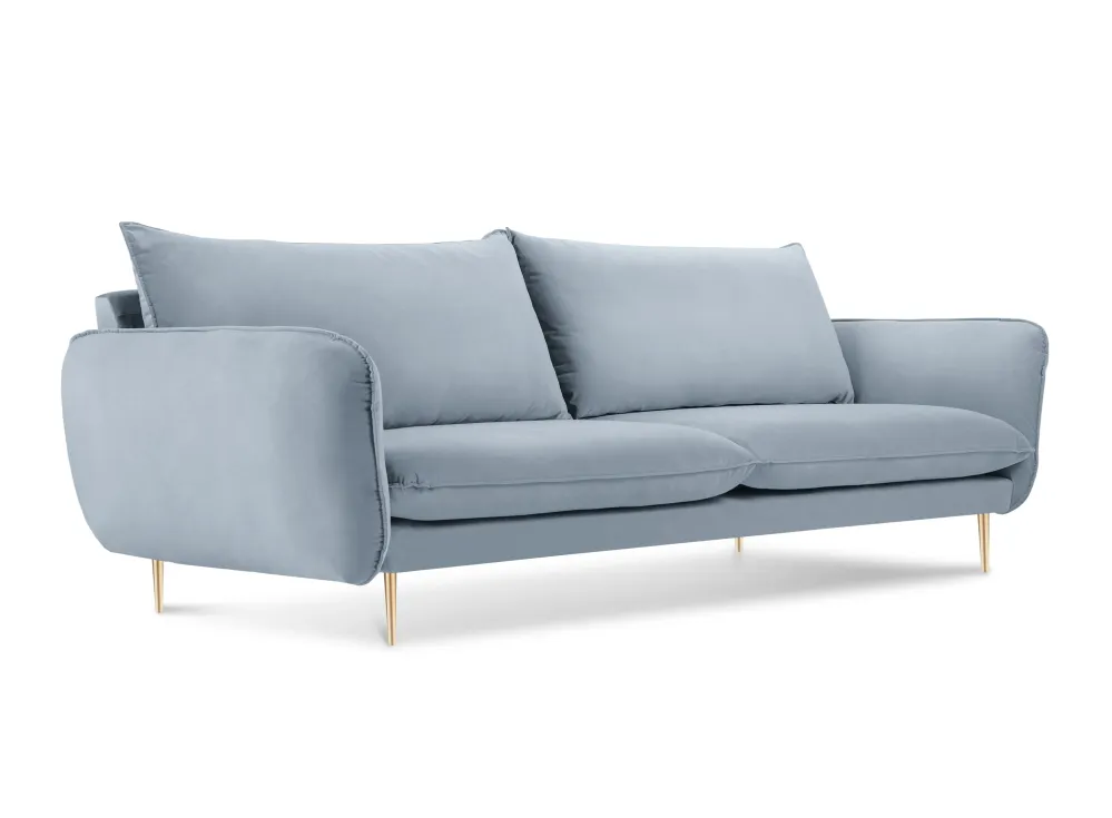 Sofa sametová 3-osobová VIENNA světle modrá se zlatým podstavcem