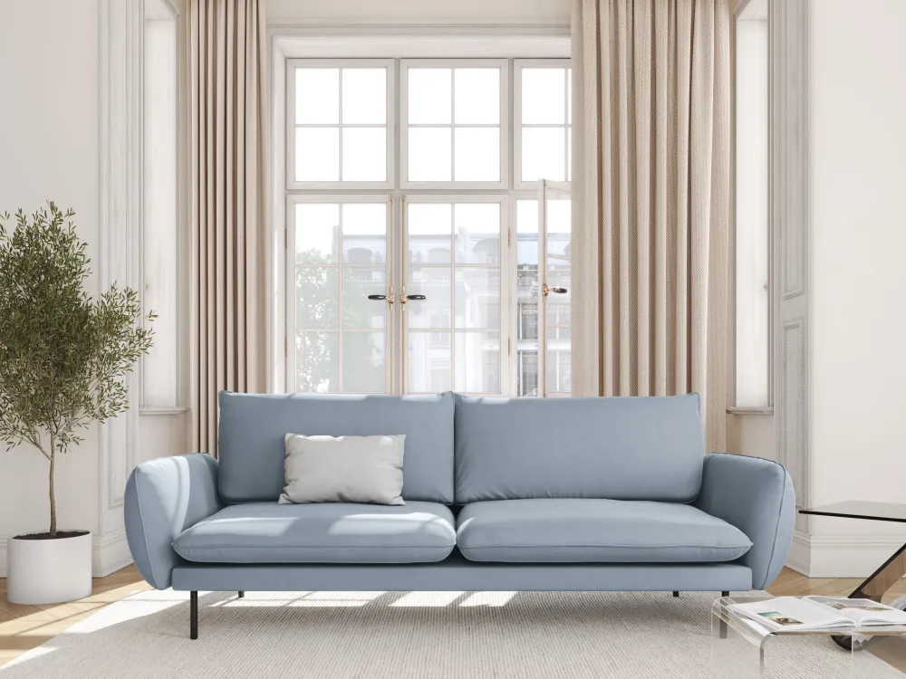 Sofa sametová 3-osobová VIENNA světle modrá s černým podstavcem