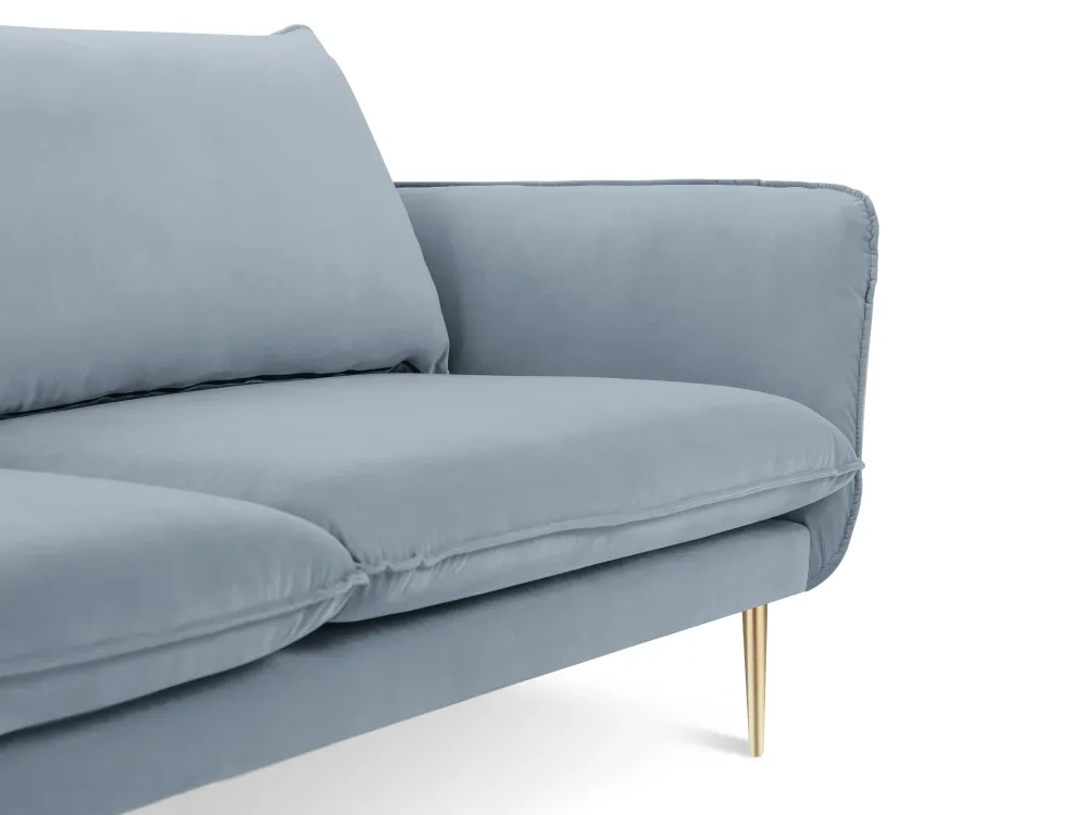 Sofa sametová 3-osobová VIENNA světle modrá se zlatým podstavcem