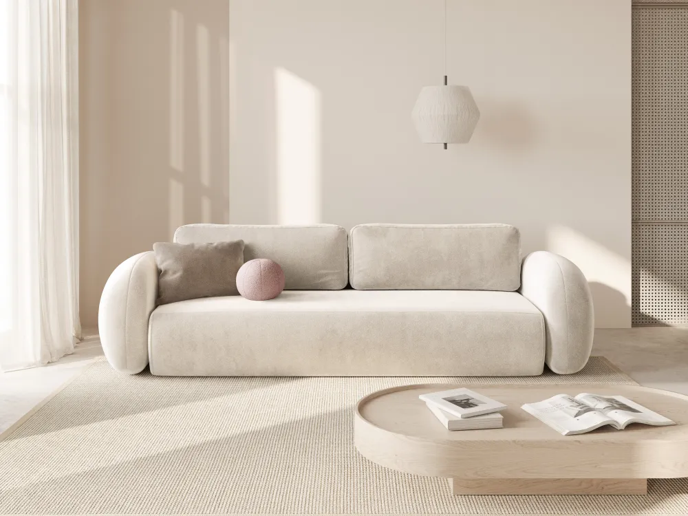 Sofa sametová s funkcí spaní 3-osobová TONALE krémová