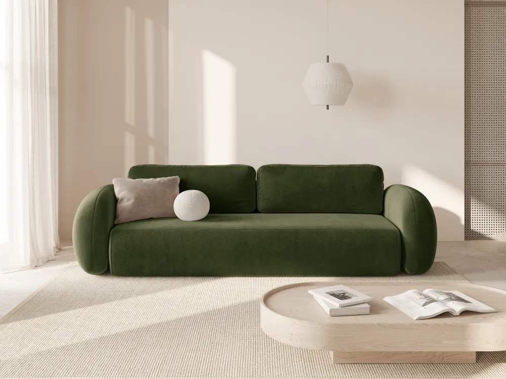 Sofa sametová s funkcí spaní 3-osobová TONALE vojenská zeleň